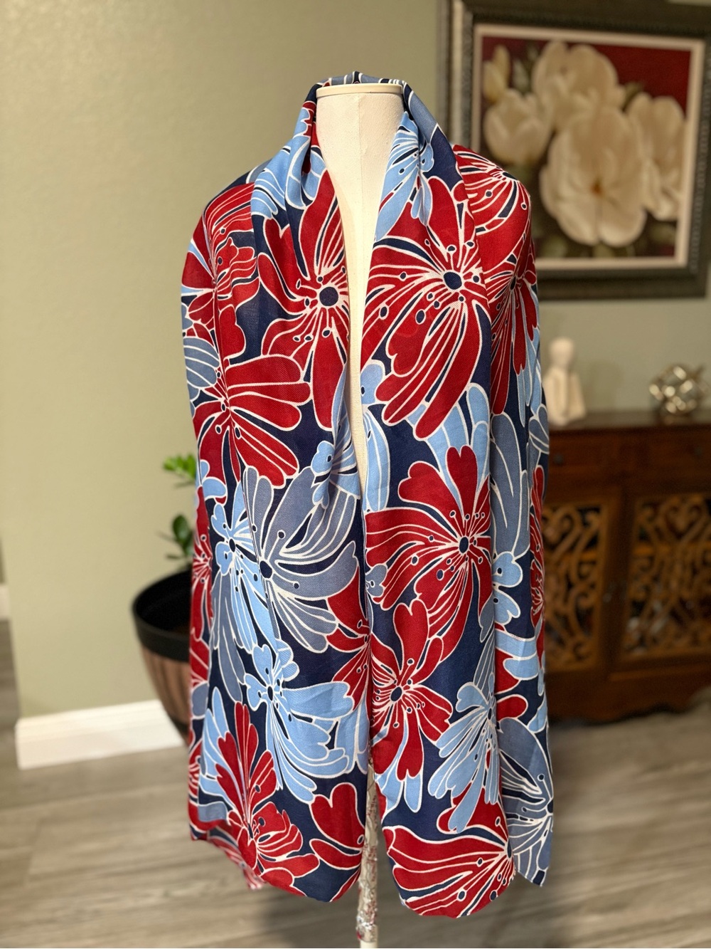 Crescent Red and Light Blue Floral Scarf